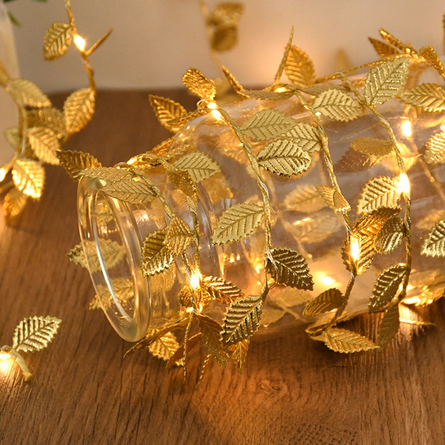 Outdoor Power For Wedding - Złote Liście Rattanowe Lampki Sznurkowe z